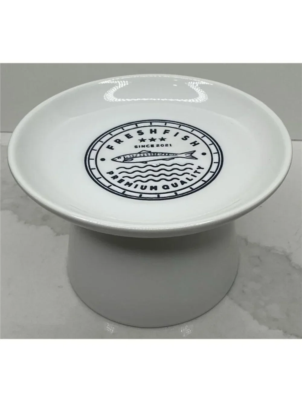 Signature Elevated Bowl Cat Ceramic Fresh Fish Design White New